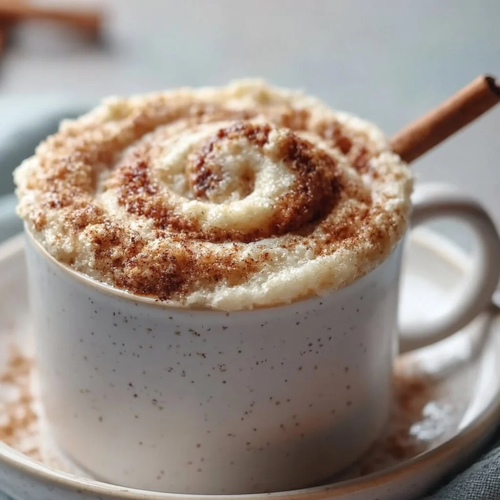 Lightning Microwave Cinnamon Roll Mug Cake topped with icing in a mug