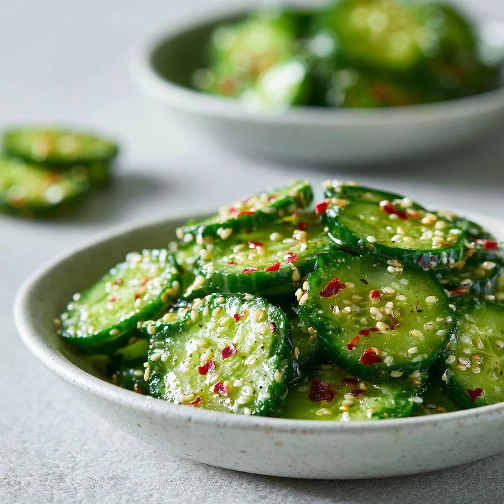 Bowl of fresh Asian cucumber salad garnished with sesame seeds and herbs
