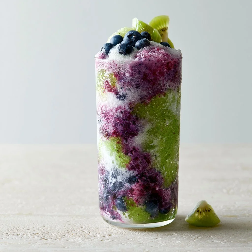 Blueberry Kiwi Shock Frappuccino served in a glass with fresh berries and kiwi slices