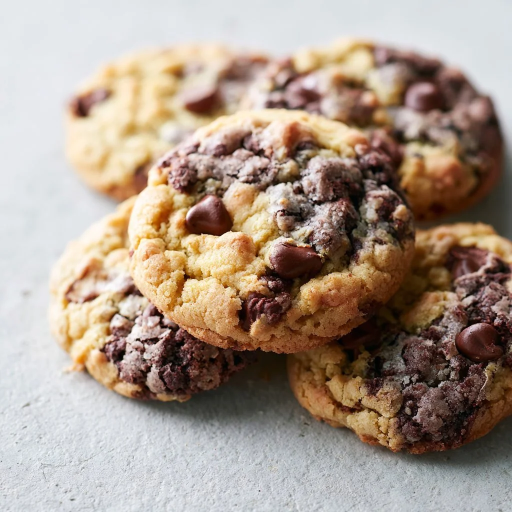Freshly baked Brookie Cookies stacked on a plate.