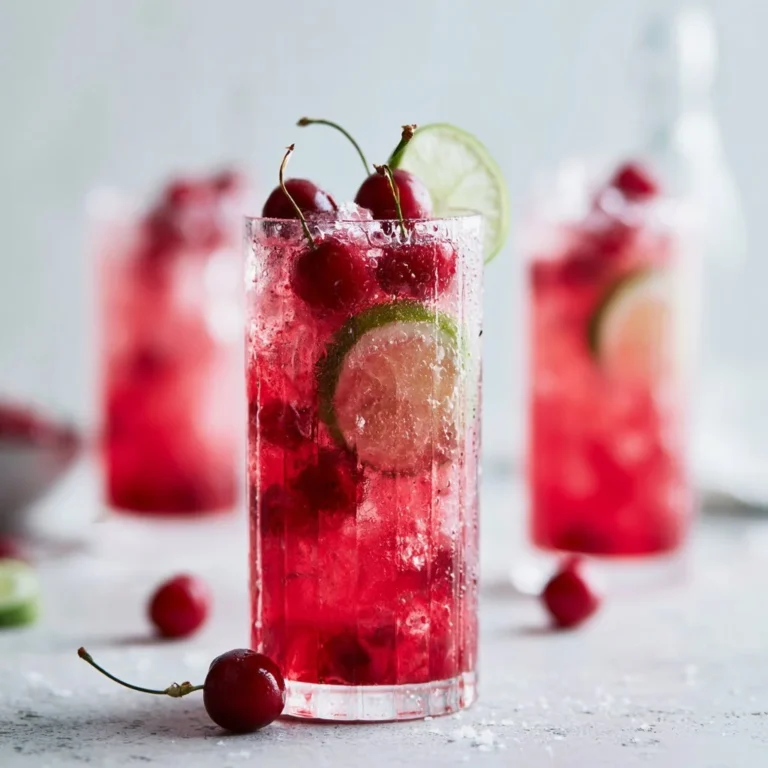 Refreshing Cherry Limeade drink served in a glass with lime and cherry garnish.