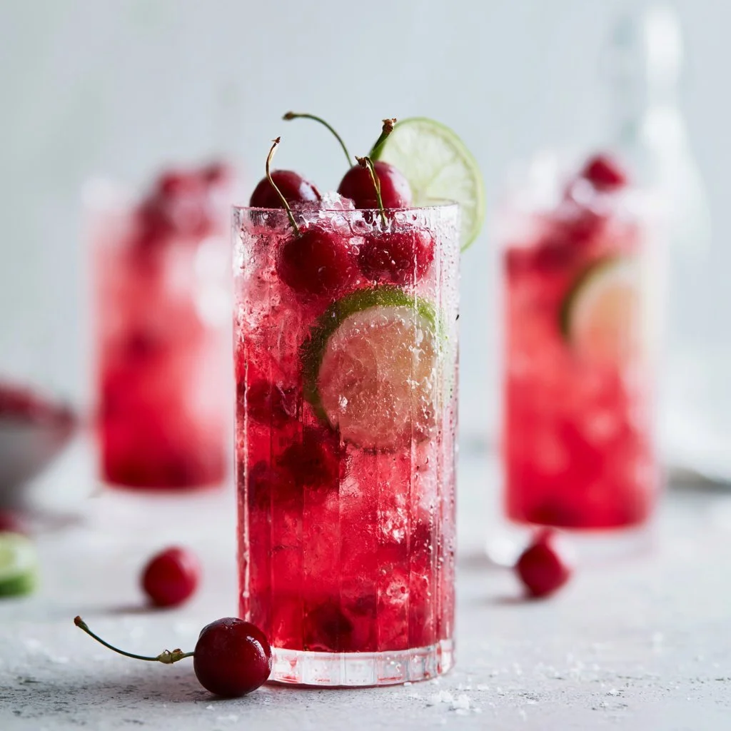 Refreshing Cherry Limeade drink served in a glass with lime and cherry garnish.
