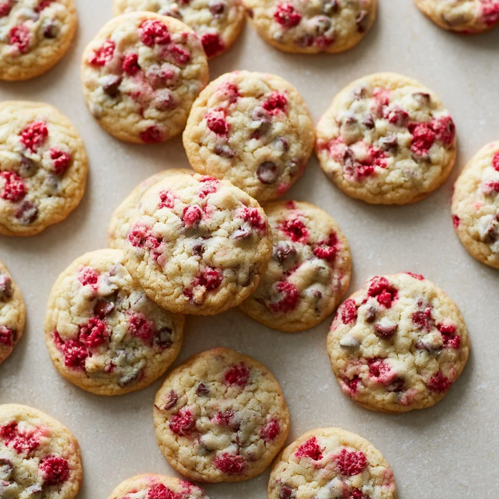 Chewy raspberry chocolate chip cookies with vibrant berries and chocolate chips