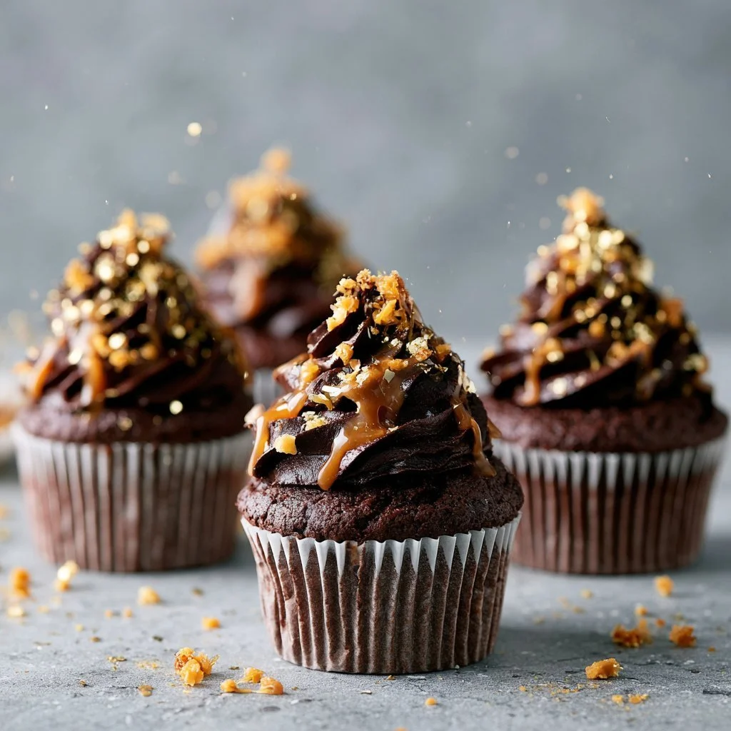 Delicious Chocolate Caramel Cupcakes with drizzled caramel topping