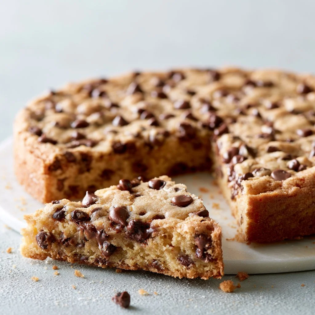 Delicious chocolate chip cookie cake with melted chocolate chips on top.