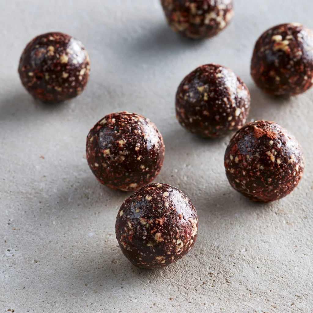 Delicious homemade chocolate date balls made with healthy ingredients.