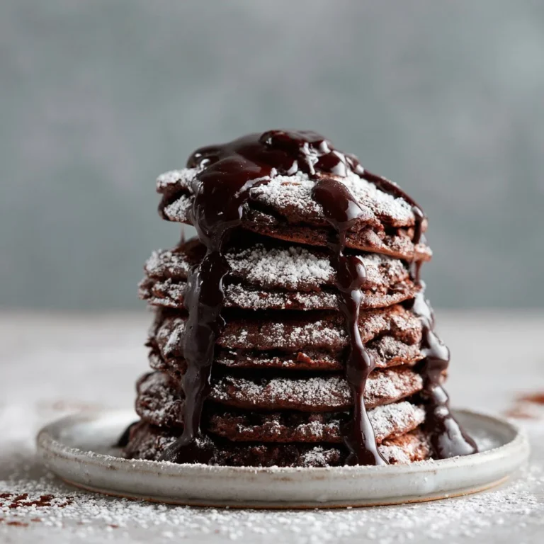 Delicious chocolate pancakes drizzled with rich chocolate sauce on a plate.