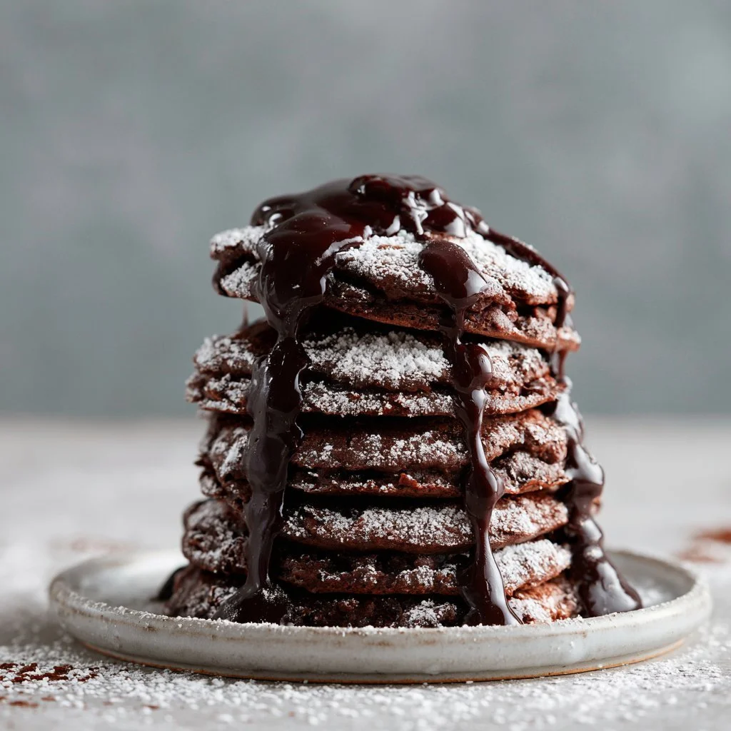 Decadent chocolate pancakes with a luscious chocolate drizzle on top.