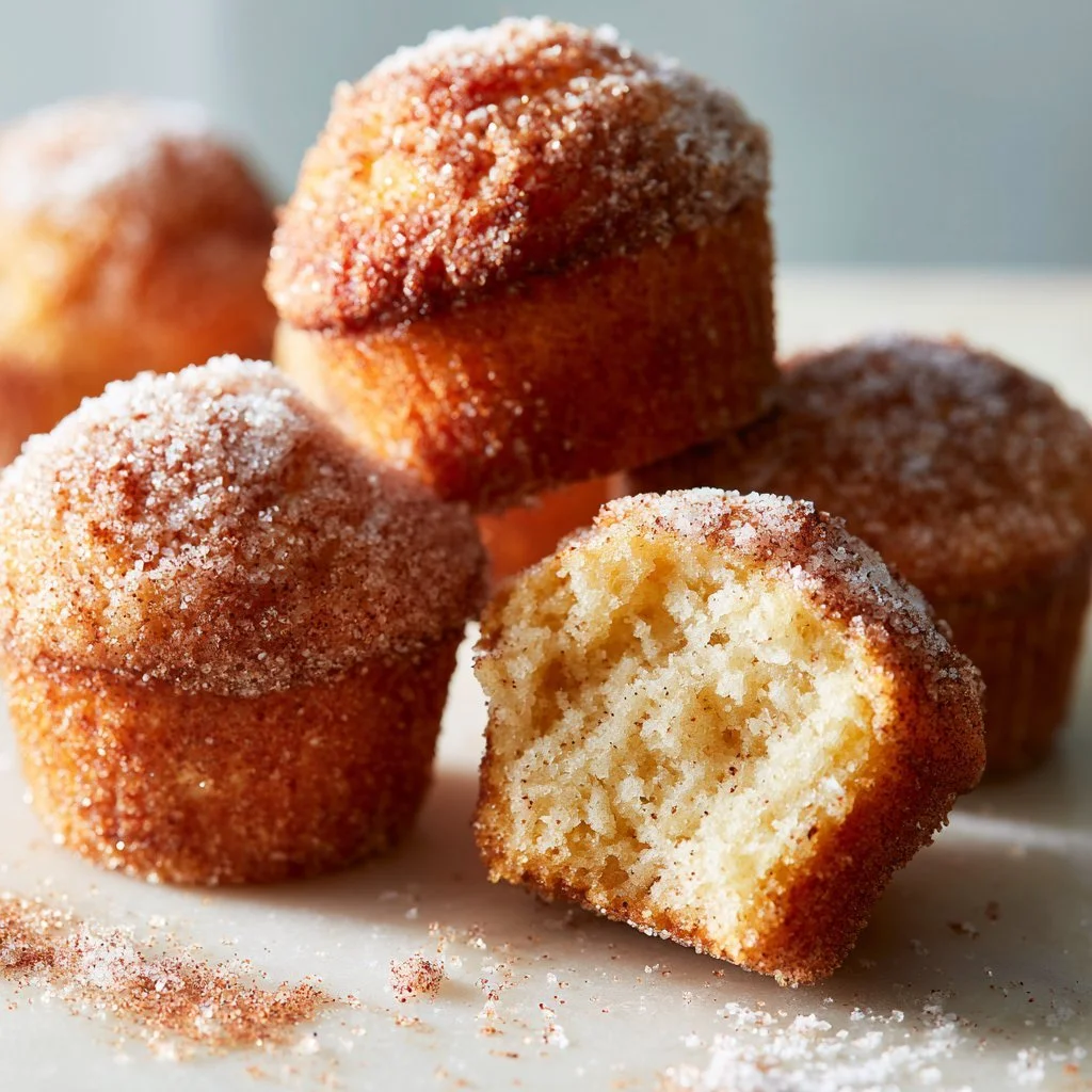 Freshly baked cinnamon sugar muffins on a wooden table