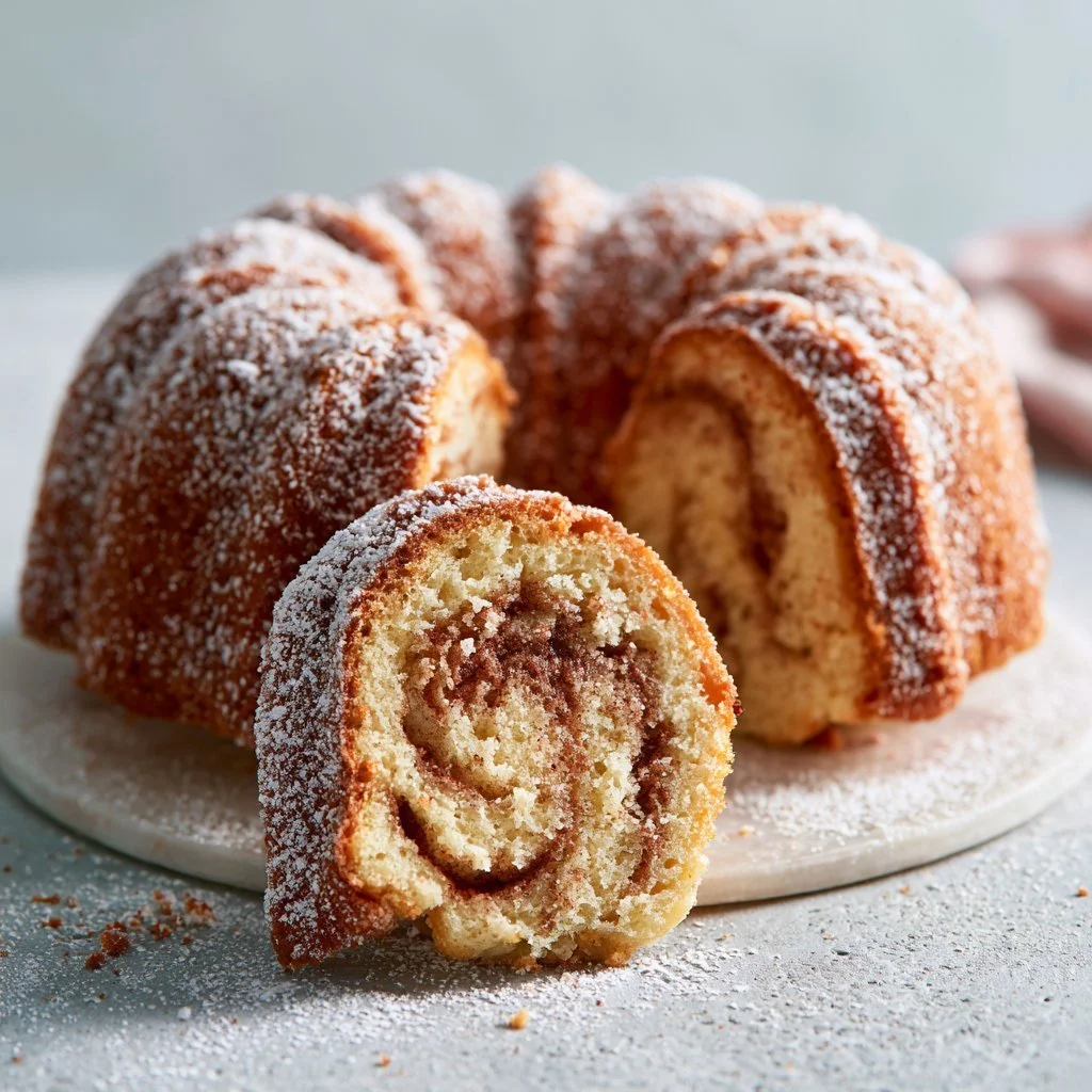 Delicious Cinnamon Swirl Bundt Cake topped with icing, perfect for dessert lovers.