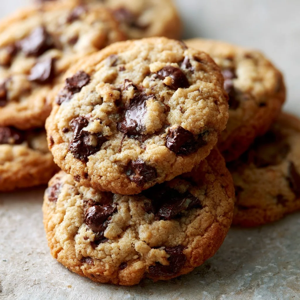 Classic chocolate chip cookies stacked on a plate, perfect for dessert.