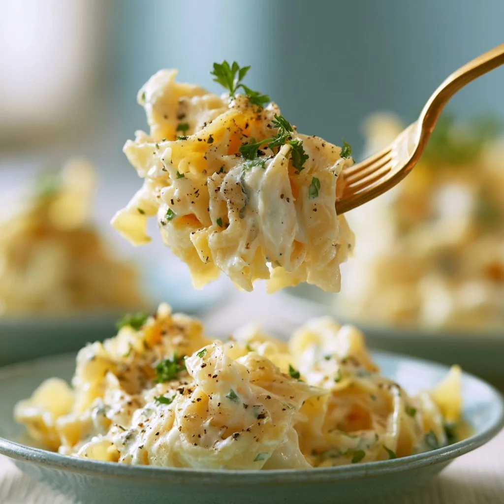 A delectable dish of creamy pasta garnished with fresh herbs and spices