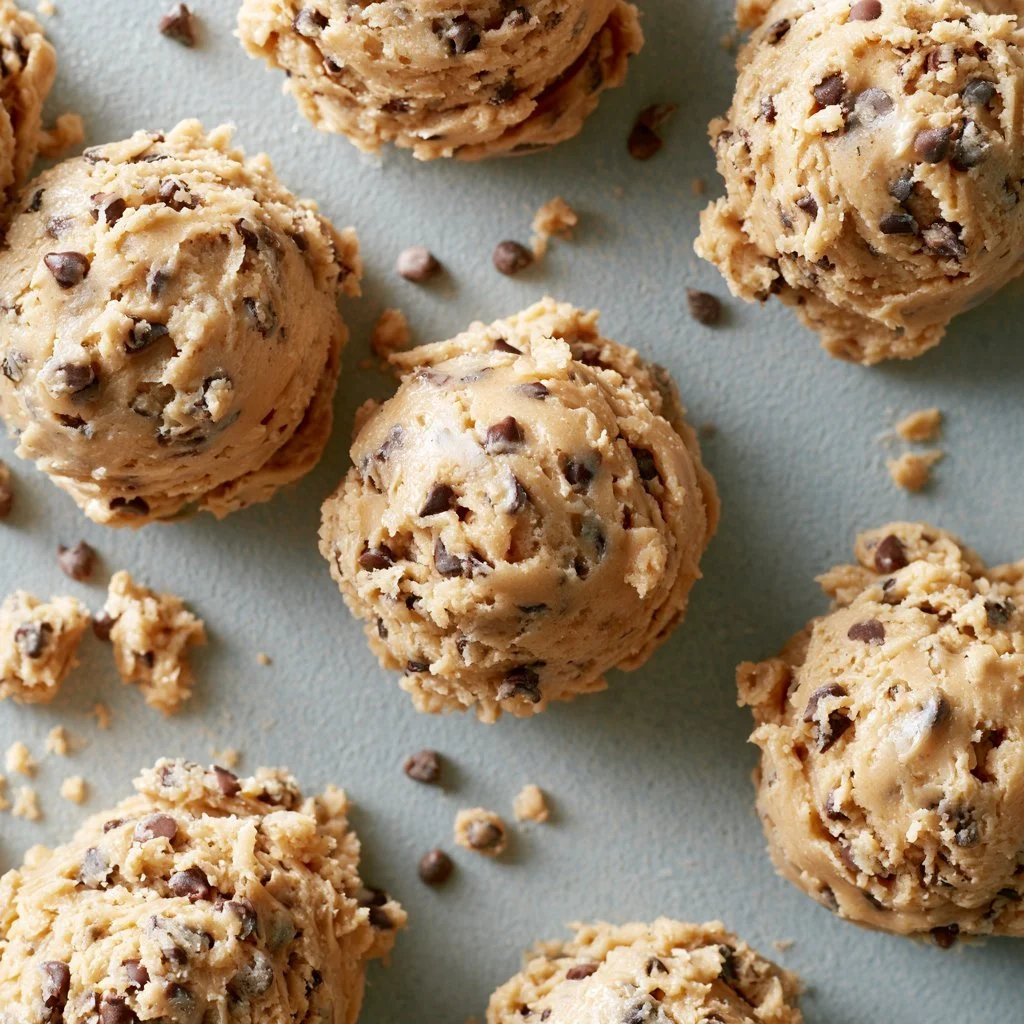 Delicious edible cookie dough in a bowl with chocolate chips