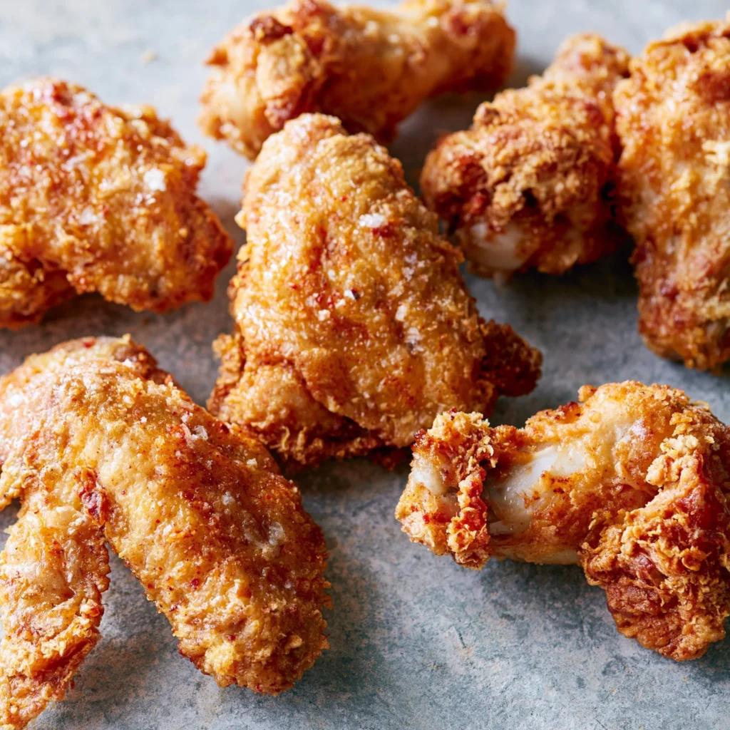 Extra crispy air fryer chicken wings on a plate, garnished with herbs.