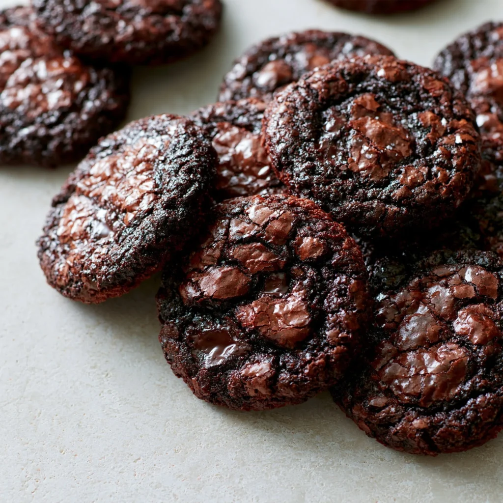 Delicious fudgy brownie cookies stacked on a plate for dessert