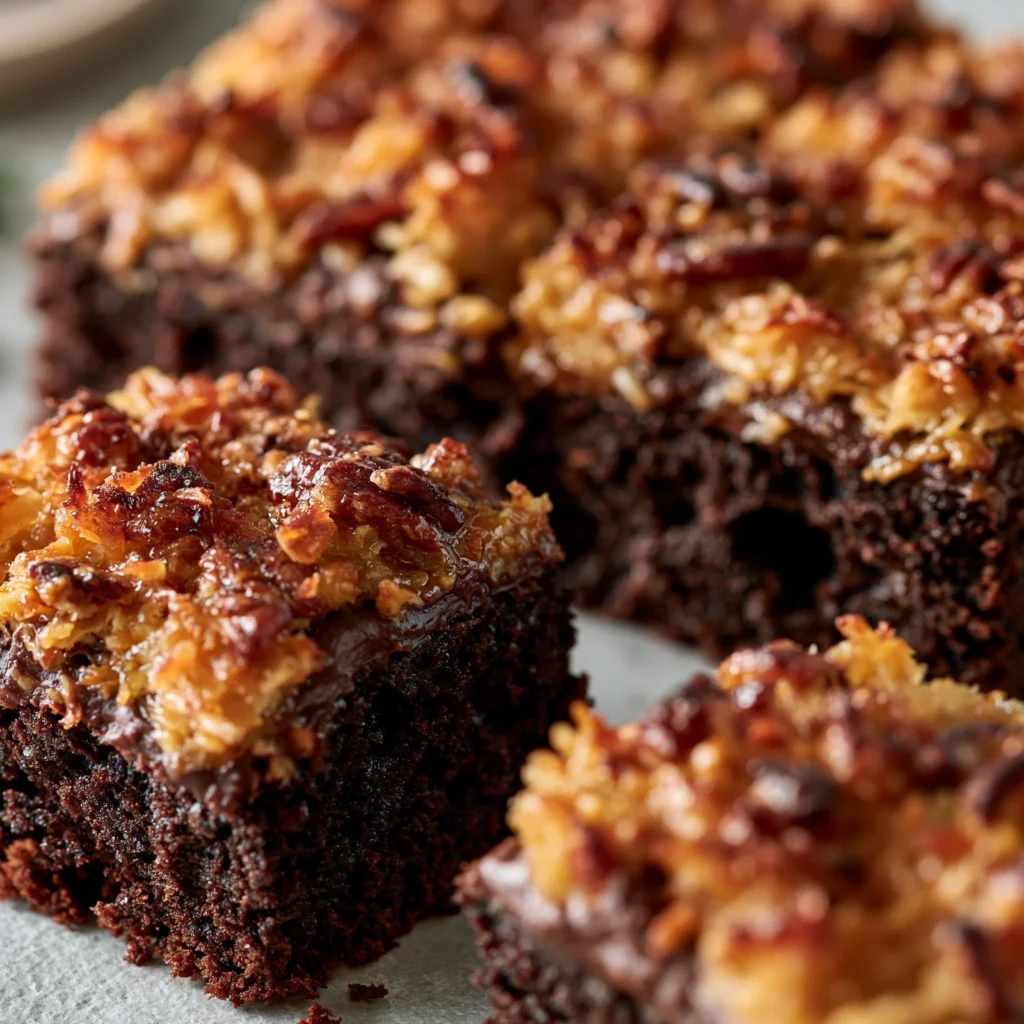 Slice of German chocolate poke cake topped with coconut and pecan frosting