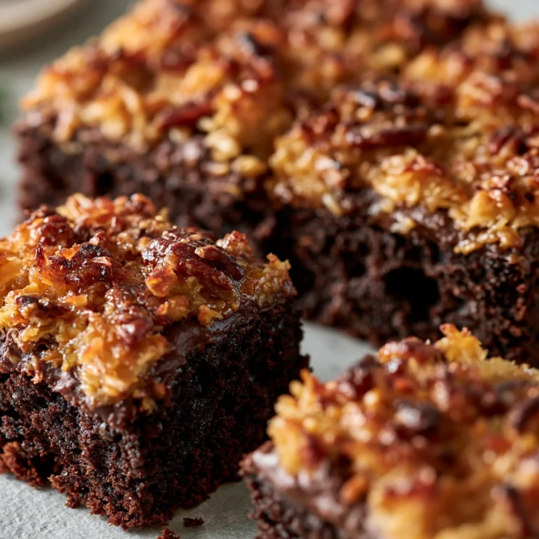 Slice of German chocolate poke cake topped with coconut and pecan frosting