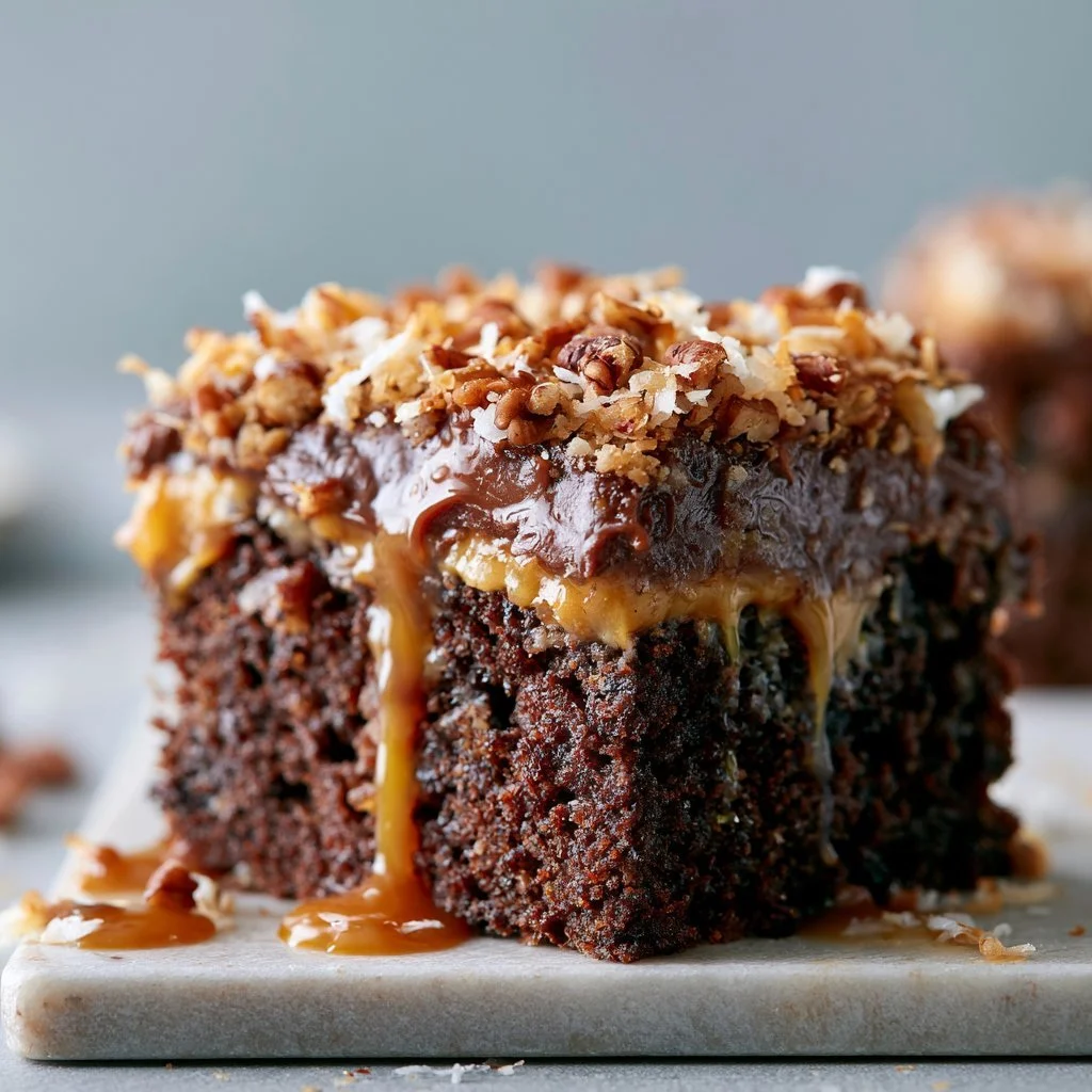 Delicious German Chocolate Poke Cake with chocolate and coconut topping