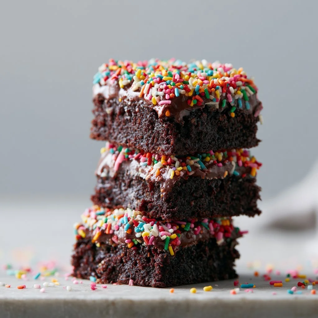 Delicious gourmet Cosmic Brownies topped with colorful sprinkles.