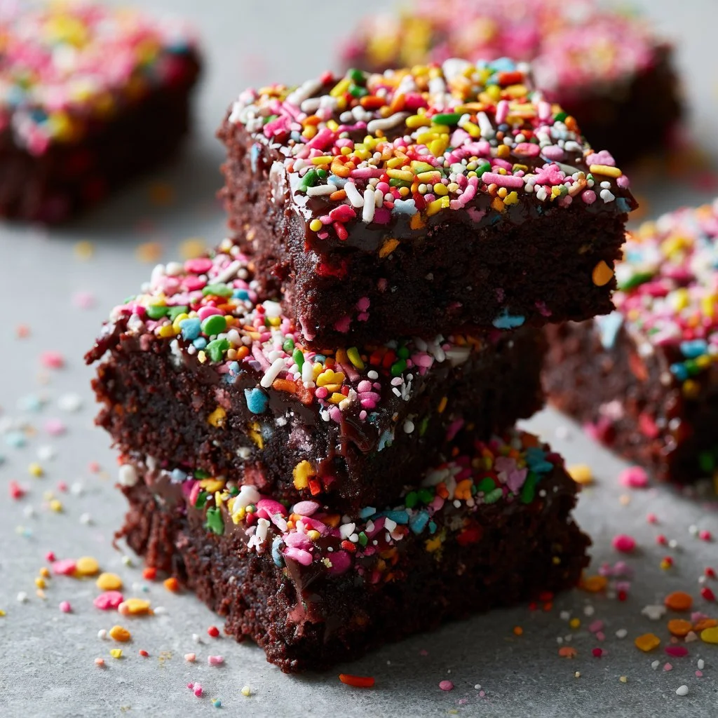 Delicious gourmet cosmic brownies topped with colorful sprinkles.