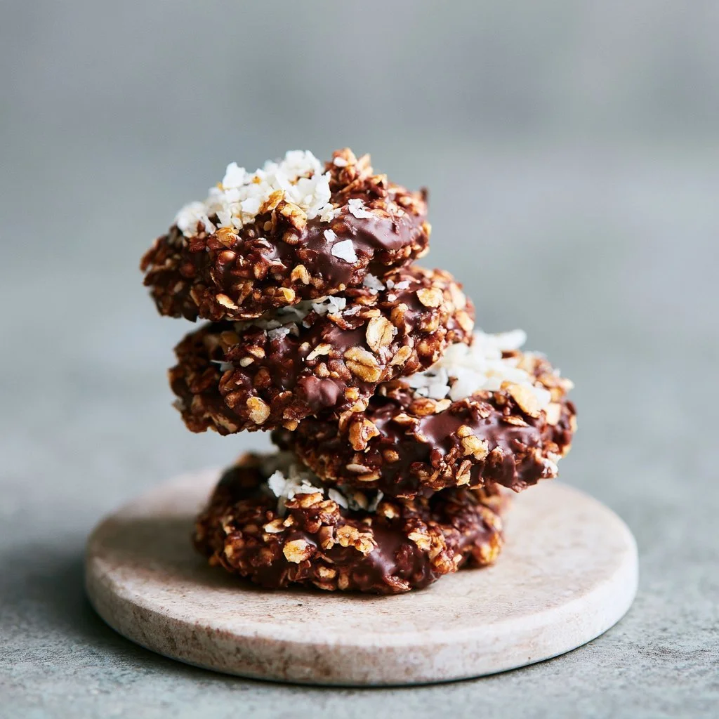 A plate of healthy no-bake cookies made with oats and chocolate