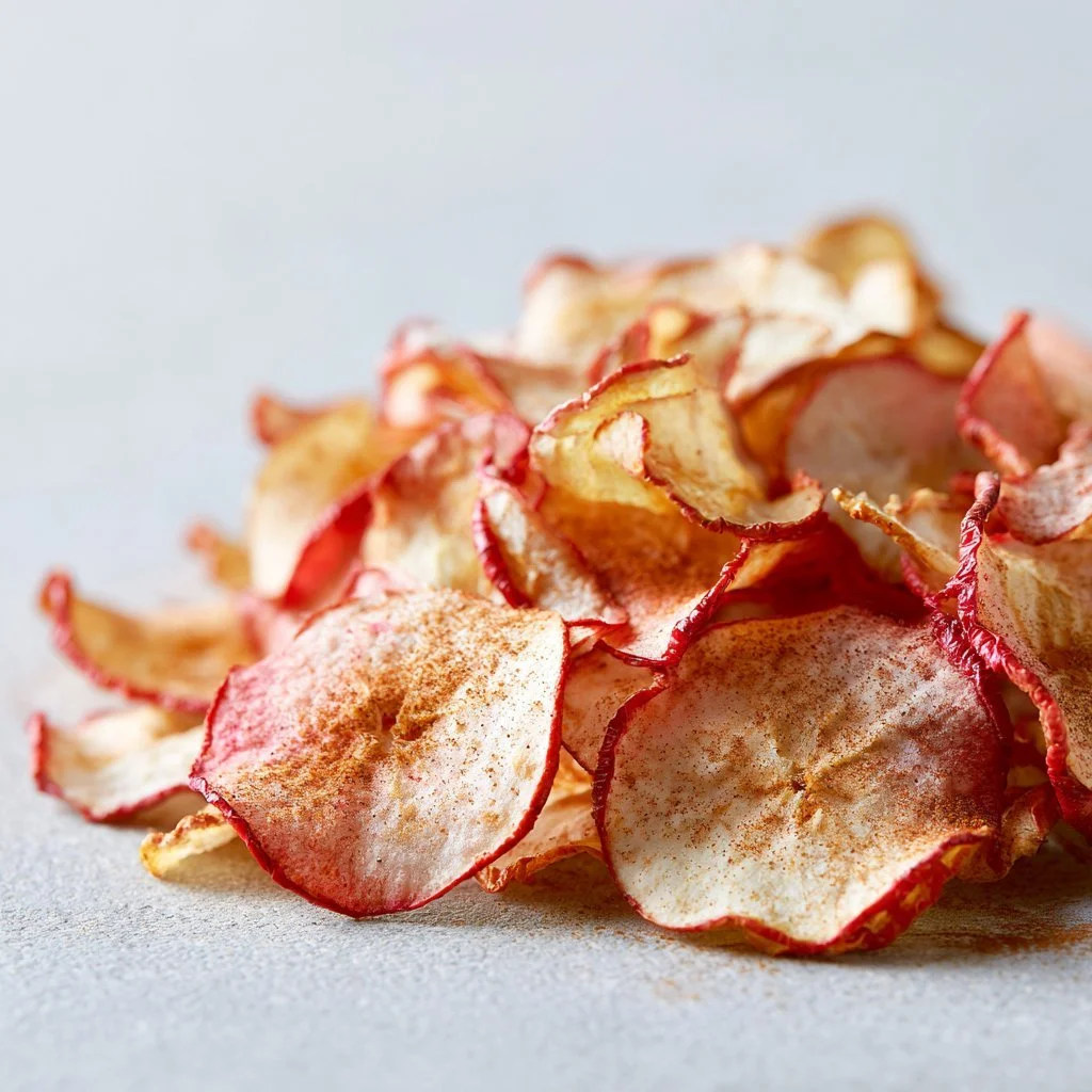 Plate of homemade apple cinnamon chips, fresh and crispy snack option.