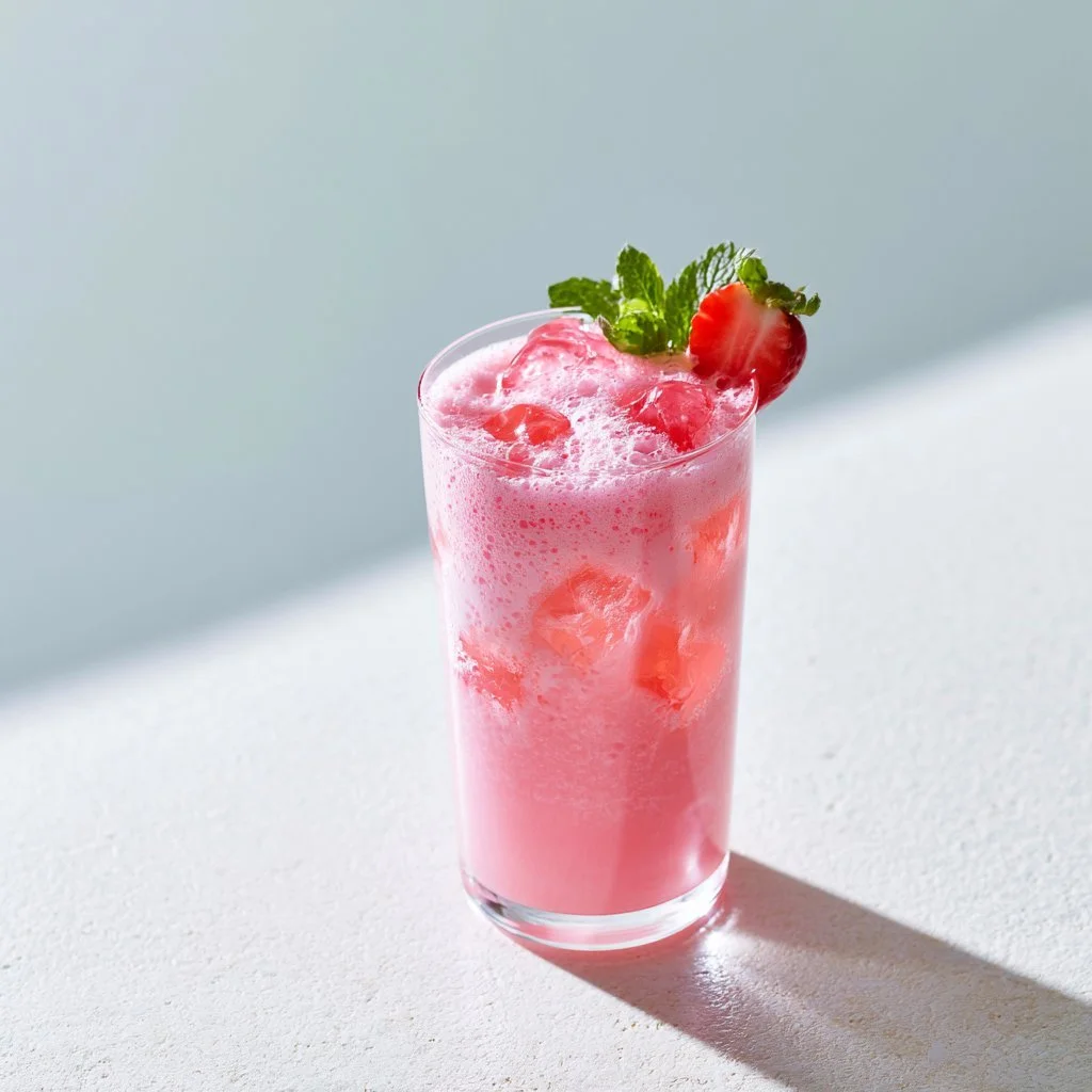 A colorful homemade pink drink served in a glass with ice and fruit garnish.