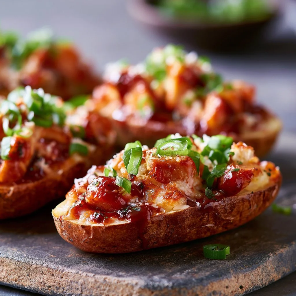 Honey BBQ Chicken Potatoes topped with creamy sauce and herbs