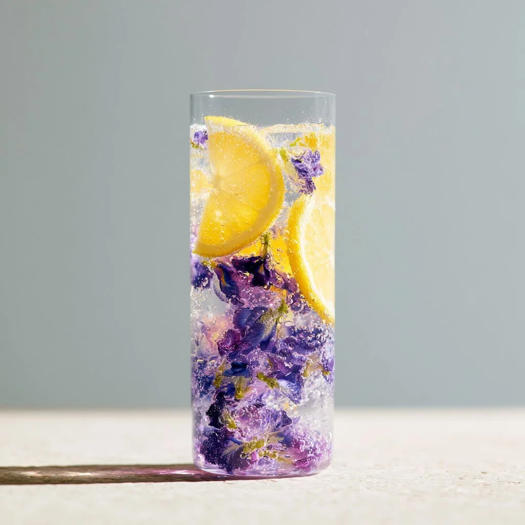 Sparkling Honey Lemon Butterfly Fizz drink with fresh lemon slices and honey