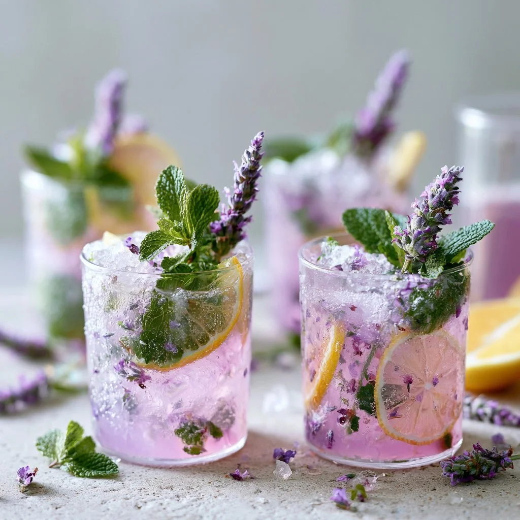 Lavender Mojito Mocktail served in a glass with mint leaves and lavender flowers.