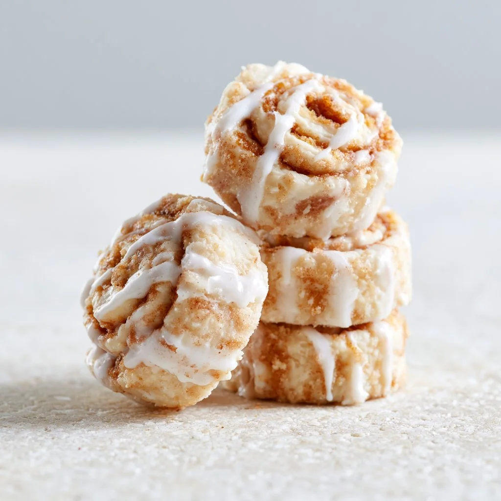No-bake cinnamon roll cookies with icing and cinnamon sugar on top.