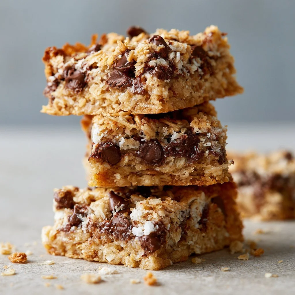 Delicious Oatmeal Chocolate Chip Bars on a wooden board.