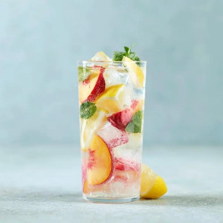 Refreshing glass of peach lemonade with slices of peach and lemon