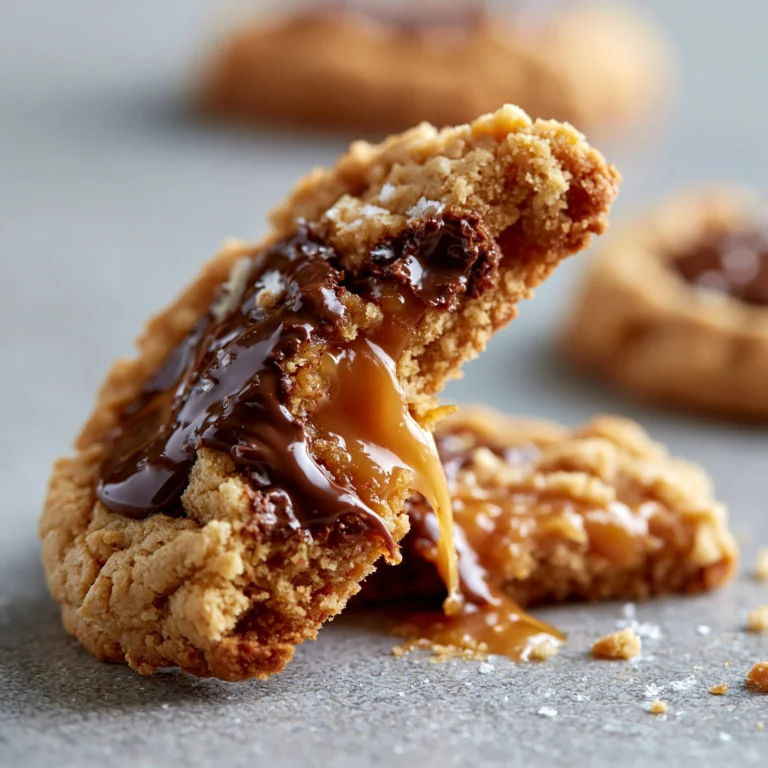 Peanut Butter Chocolate Caramel Cookies stacked on a plate