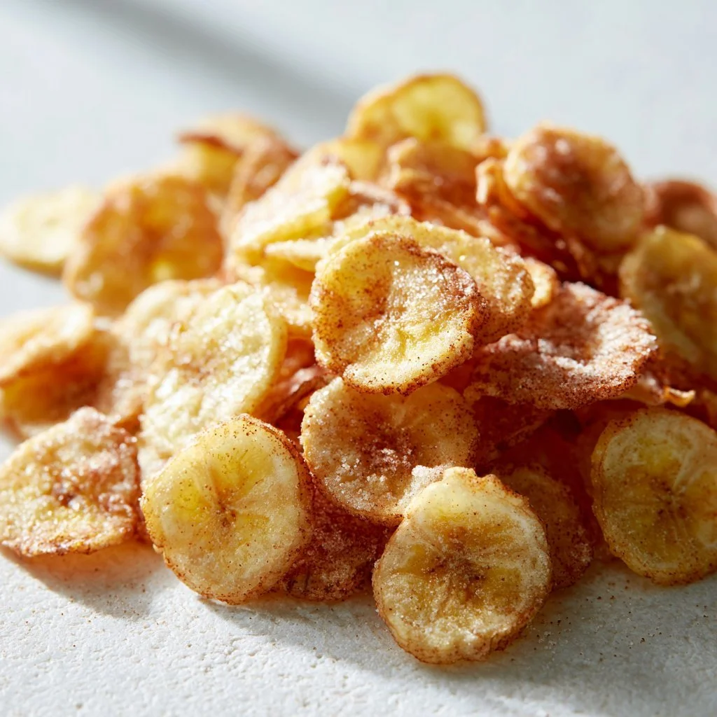 Easy cinnamon-sugar air fryer banana chips fresh out of the air fryer
