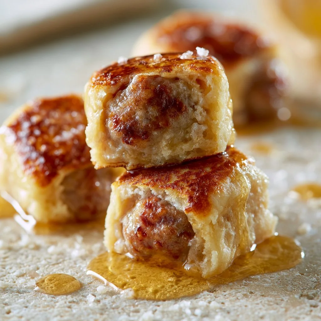 Sausage pancake bites served on a plate with syrup