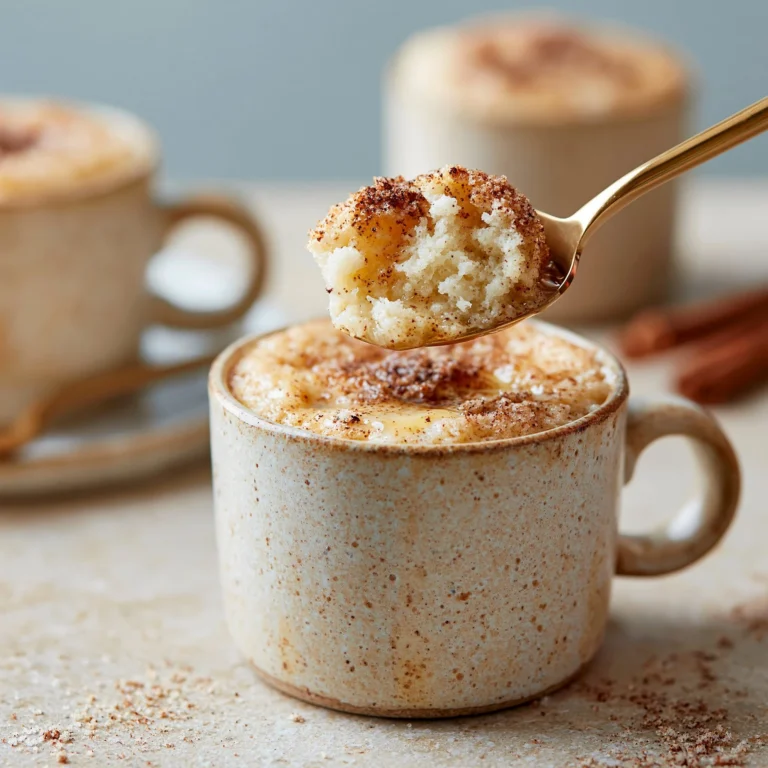 Deliciously moist snickerdoodle mug cake in a white ceramic mug.
