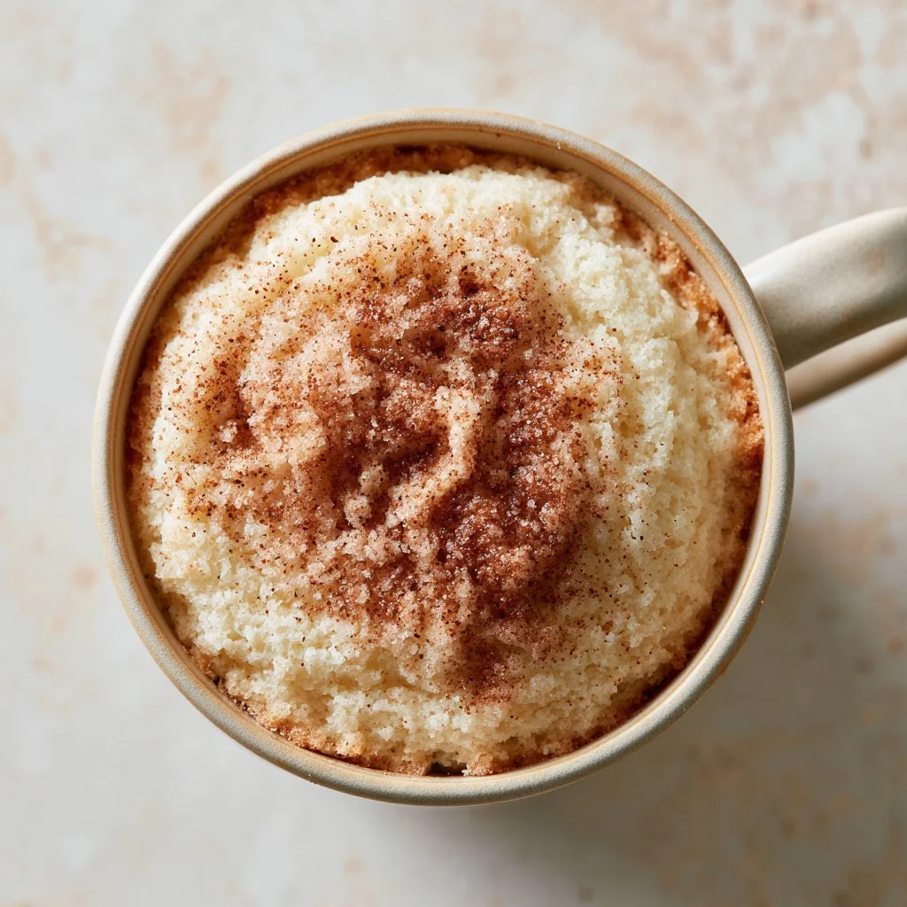 Delicious snickerdoodle mug cake topped with cinnamon sugar in a mug