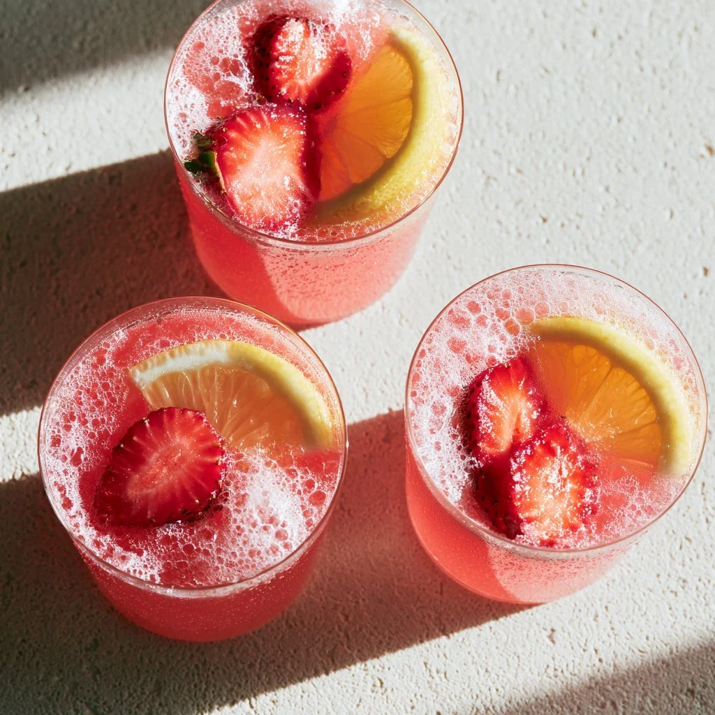 Strawberry Brazilian Lemonade in a glass with fresh strawberries and lime.