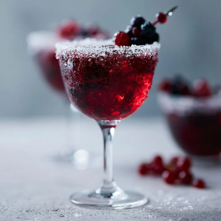 Vampire's Kiss Mocktail garnished with fresh berries and herbs in a glass