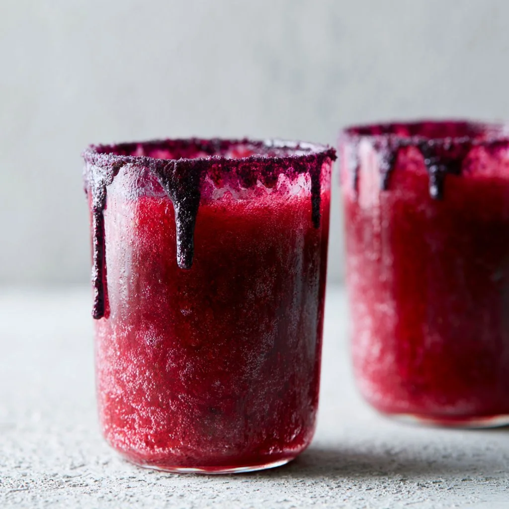 Vampire's Kiss Mocktail served in a spooky glass with red fruit garnishes.